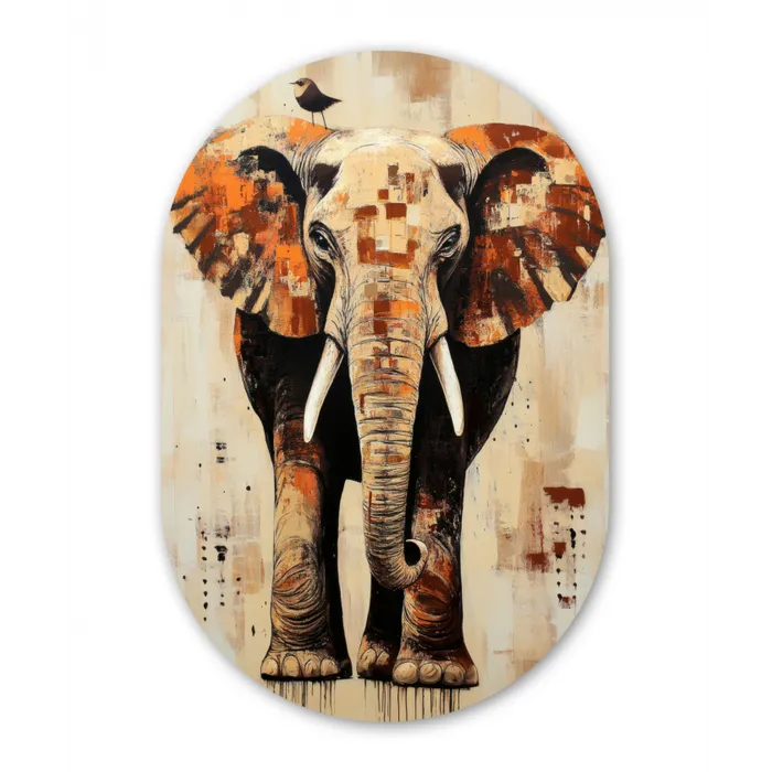 Olifant - Slurf - Mozaïek - Abstract Wandcirkel Ovaal Glas middel -3d
