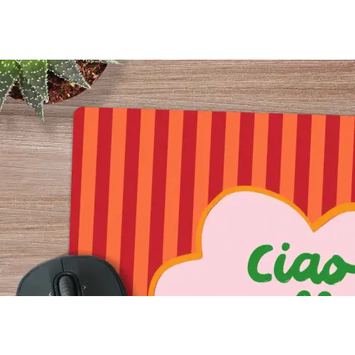 Ciao bella - Tekstwolk - Strepen - Oranje muismat rubber klein -closeup