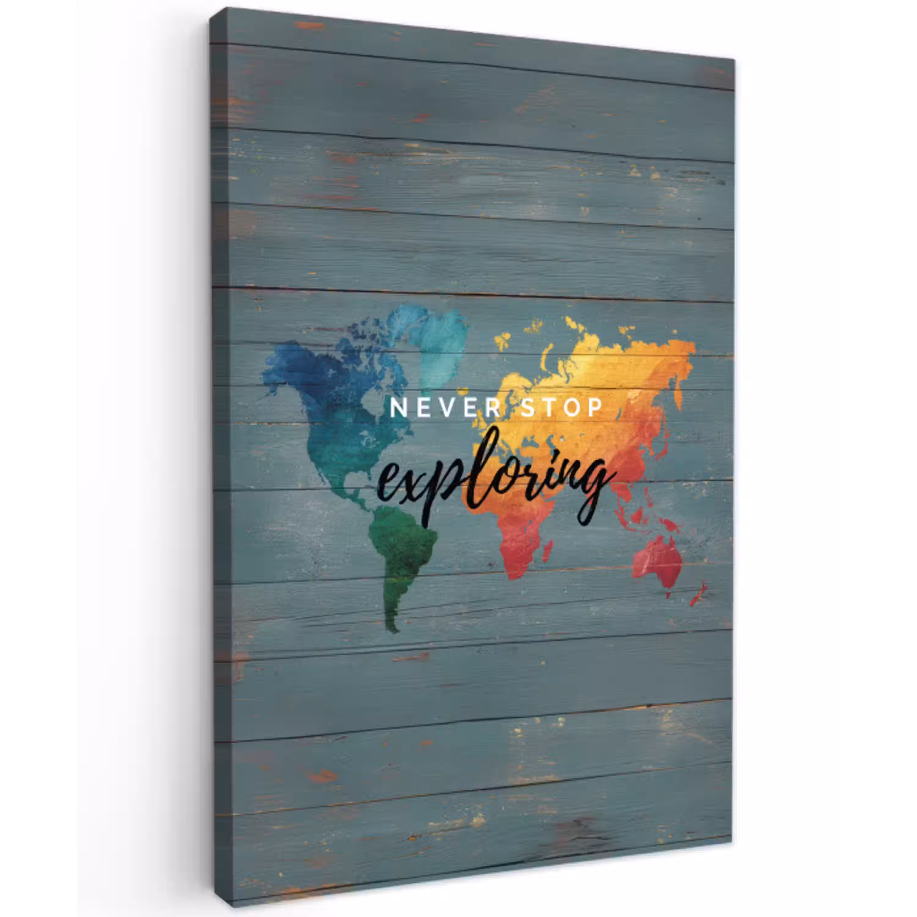 Hout - Wereldkaart - Regenboog - Exploring Tuinposter op houten frame 2 cm dik middel -3d