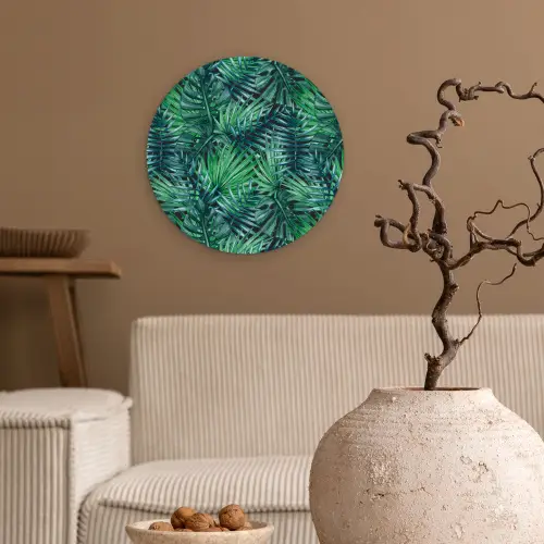 Blauw - Palmbladeren - Afsnijding Wandcirkel plexiglas klein 852 -sfeer1
