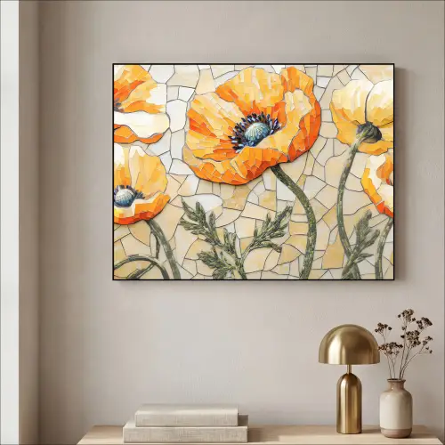 Klaprozen - Oranje - Mozaïek - Bladeren Textielframe zwart klein -sfeer2