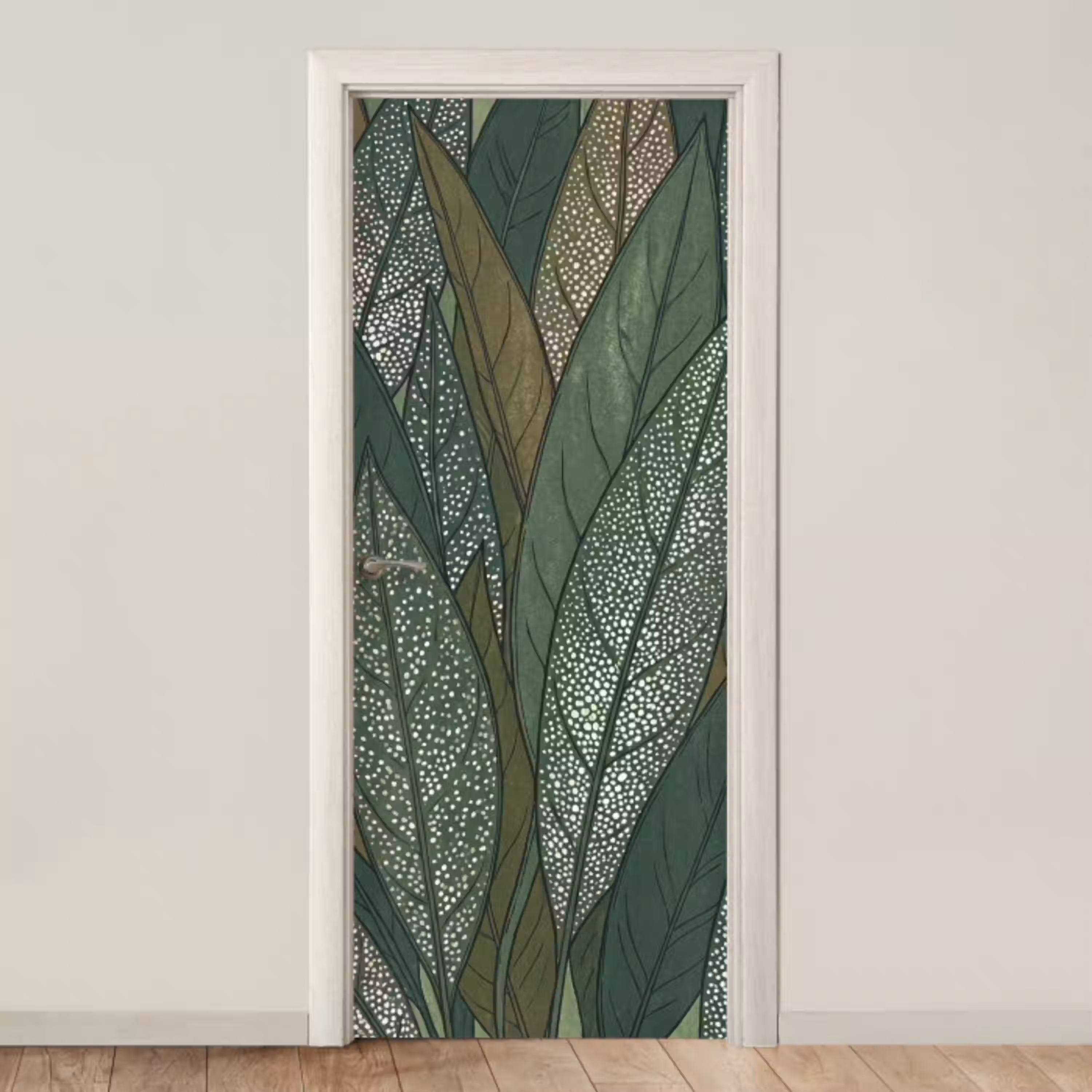Bladeren - Patroon - Gestippeld - Natuur - Groen deurposter klein -3d_beige
