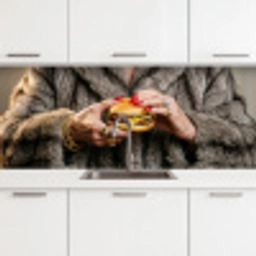 Vrouw - Hamburger - Bontjas keuken achterwand 2 middel -3d