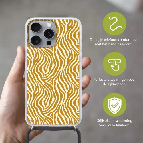 Zebra - Klassiek - Oker - Geel Hoesje iPhone 16 Pro Max met koord klein 804 -sfeer2_NL