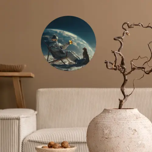 Astronaut - Kat - Glas - Stoel Wandcirkel behangsticker klein -sfeer1