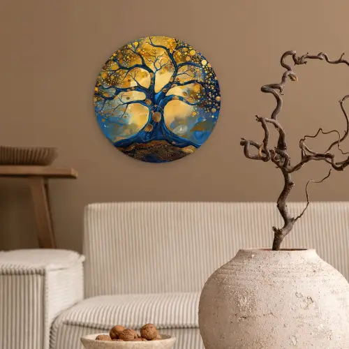 Boom - Levensboom - Blauw - Goud Wandcirkel kunststof plaat 5mm dik klein -sfeer1