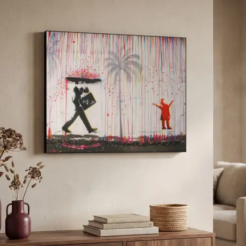 Regen - Graffiti - Man - Banksy Style Textielframe zwart klein -sfeer3