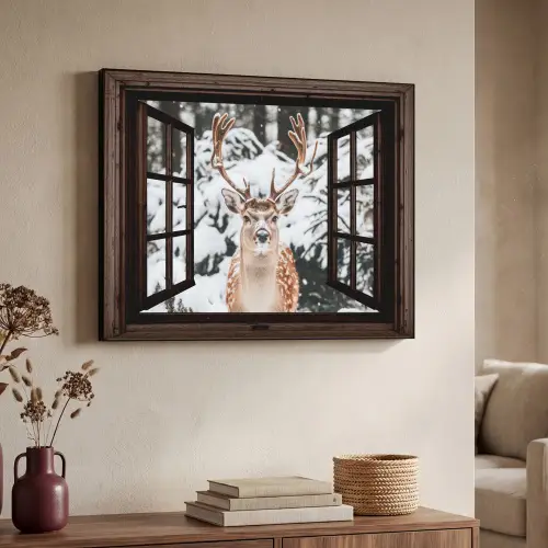 Hert - Sneeuw - Winter - Bos - Dieren - Doorkijk Textielframe zwart klein -sfeer3