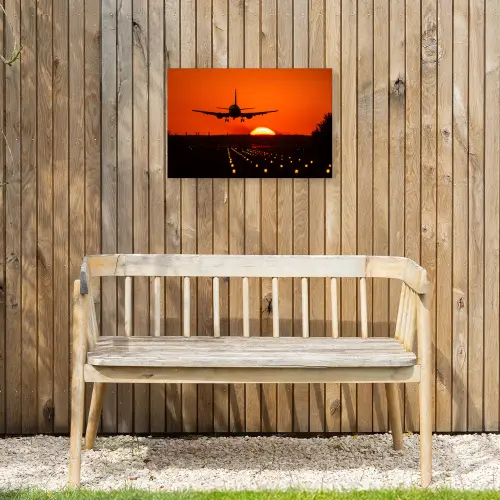 Zonsondergang - Vliegtuig - Oranje - Zon Tuinposter op houten frame 2 cm dik klein -sfeer4