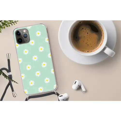 Madeliefjes - Pastel - Wit - Groen - Bloemen patroon Hoesje iPhone 12 Pro met koord klein -oordop