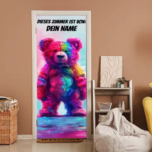 Bunter Teddybär mit Namensfeld oben. deurposter klein -sfeer1