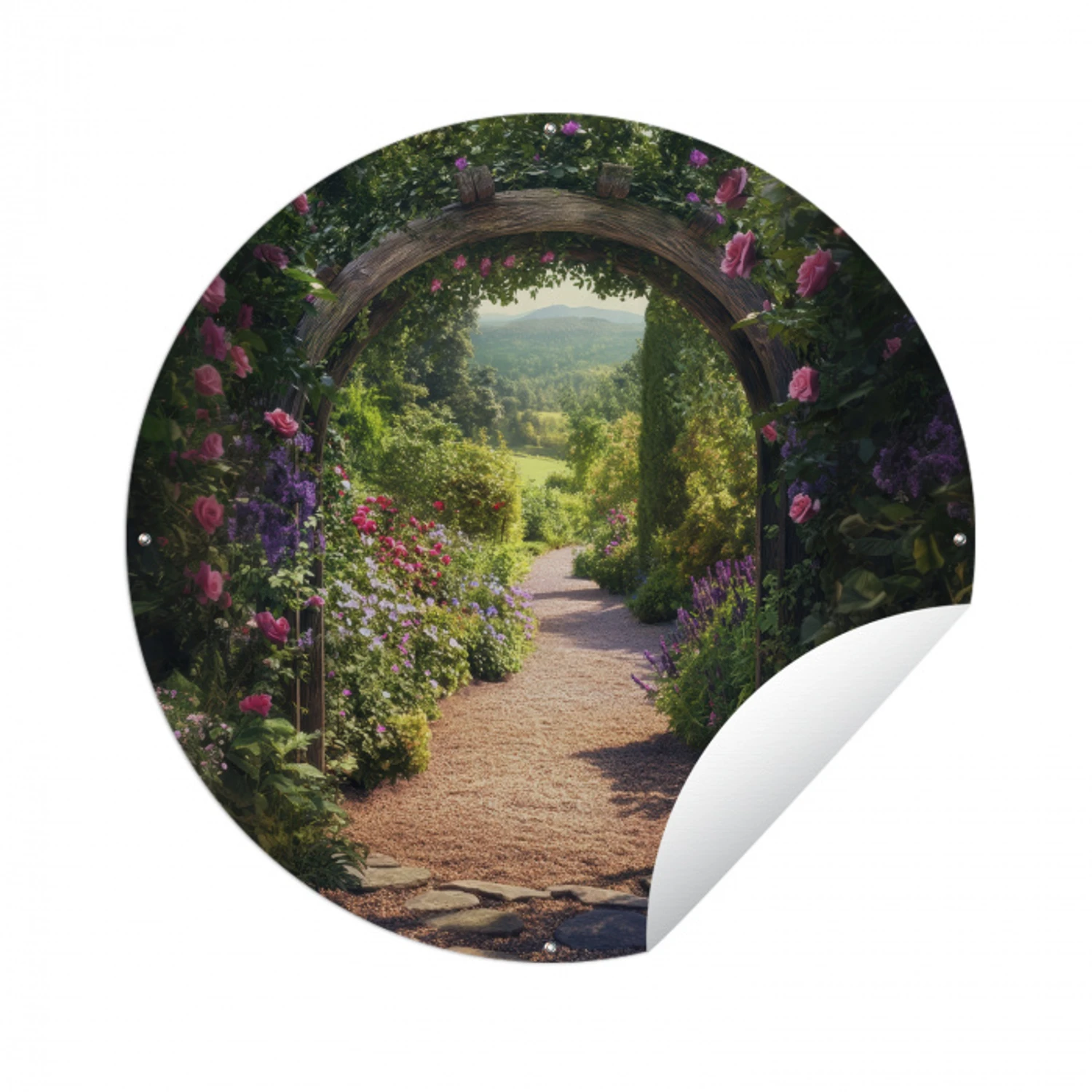 Doorkijk - Bloemen - Natuur - Rozenboog Wandcirkel tuinposter met ringen klein -3d
