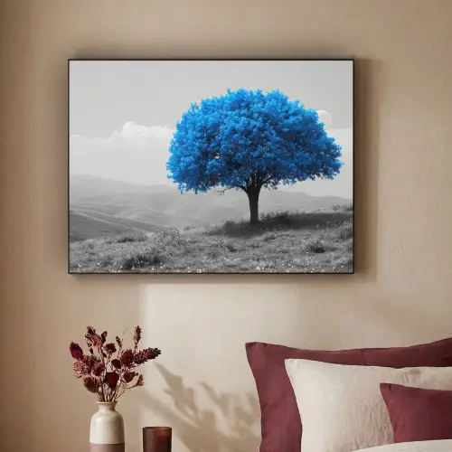 Boom - Natuur - Blauw - Zwart wit Textielframe - compleet frame klein -sfeer1