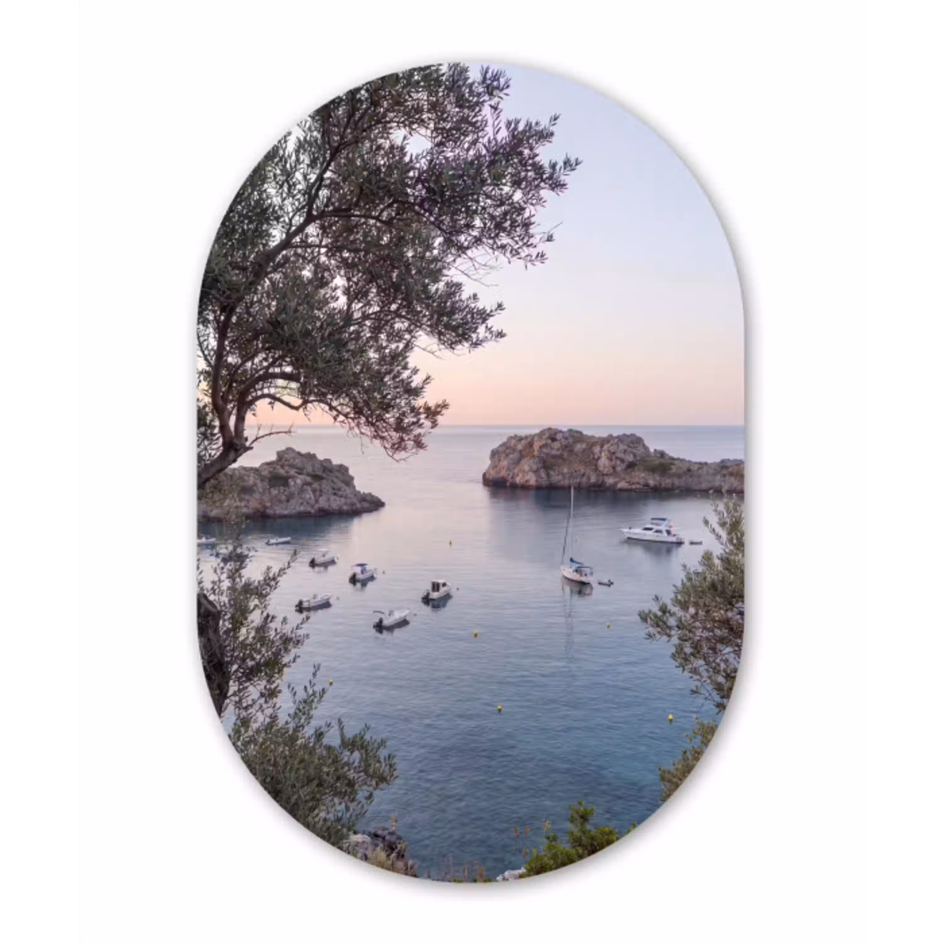 Baai - boten - zonsondergang Wandcirkel Ovaal Glas middel -3d
