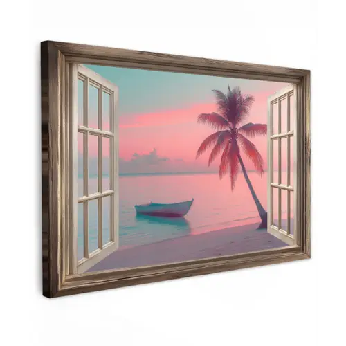 Doorkijk - Strand - Palmboom - Tropisch canvas 2cm klein -z3d