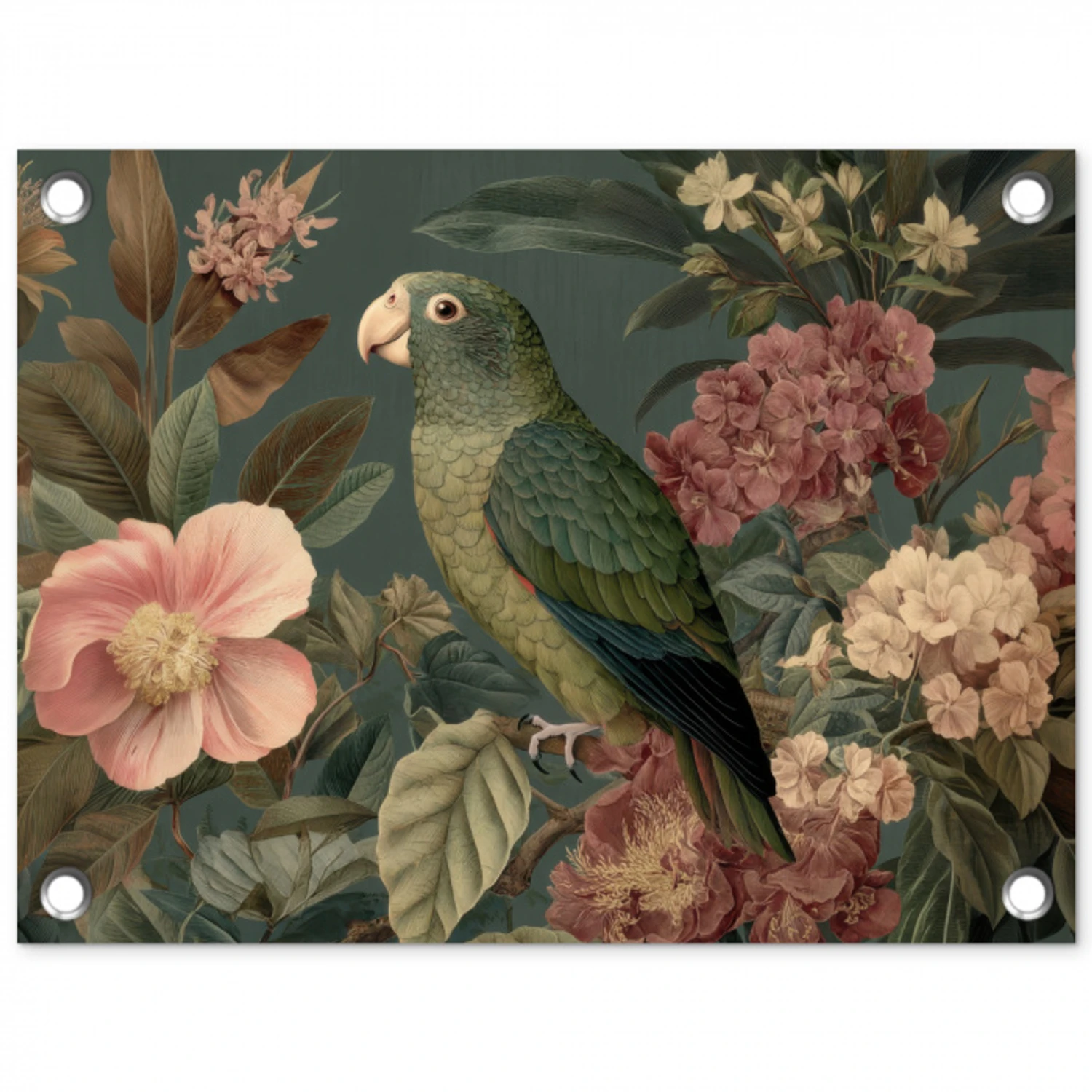 Groene papegaai - Kleurrijke bloemen - Donkere achtergrond tuinposter los doek klein -3d