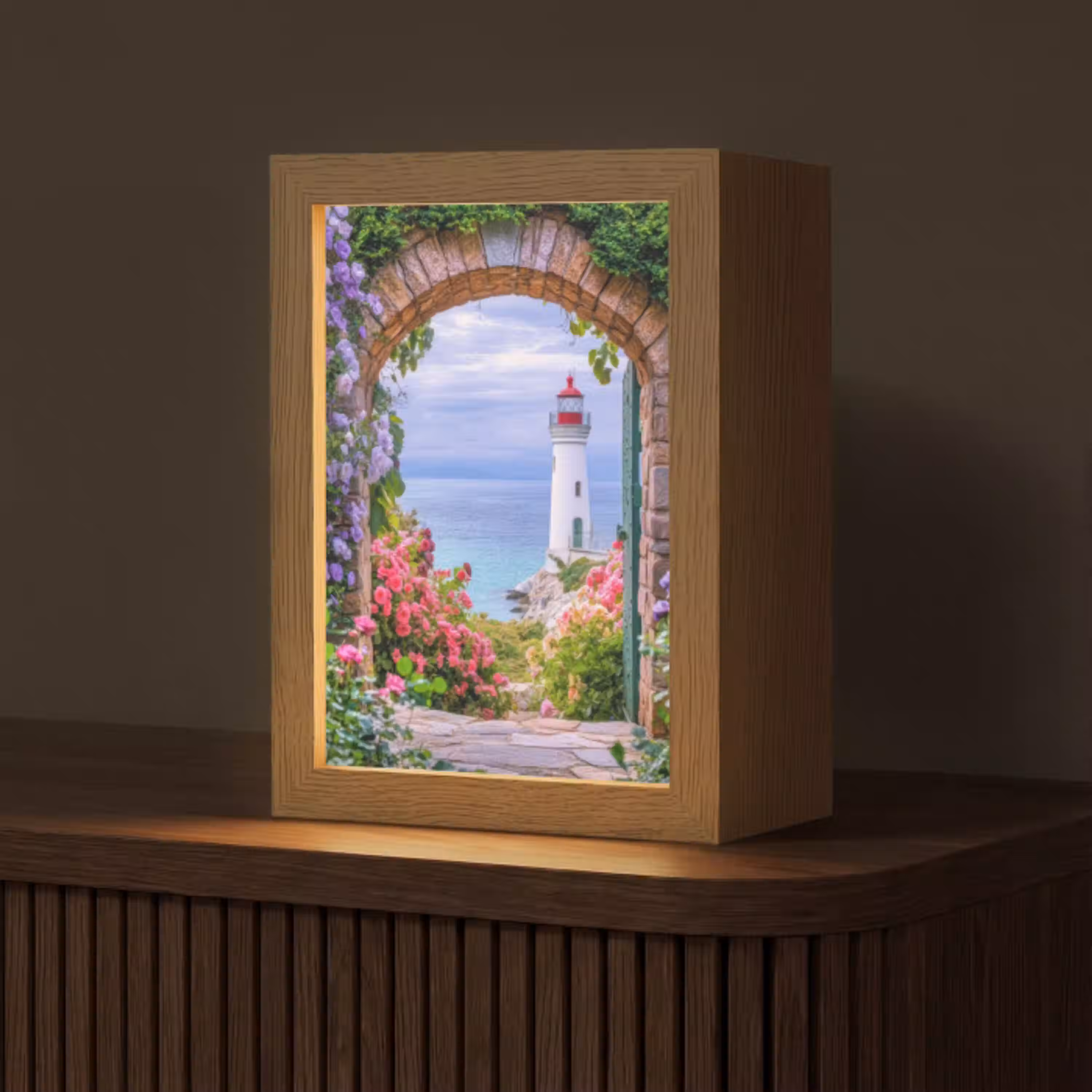 Doorkijk - Vuurtoren - Bloemen - Uitzicht Light Box met kabel (Tafellamp) klein -z3d_website