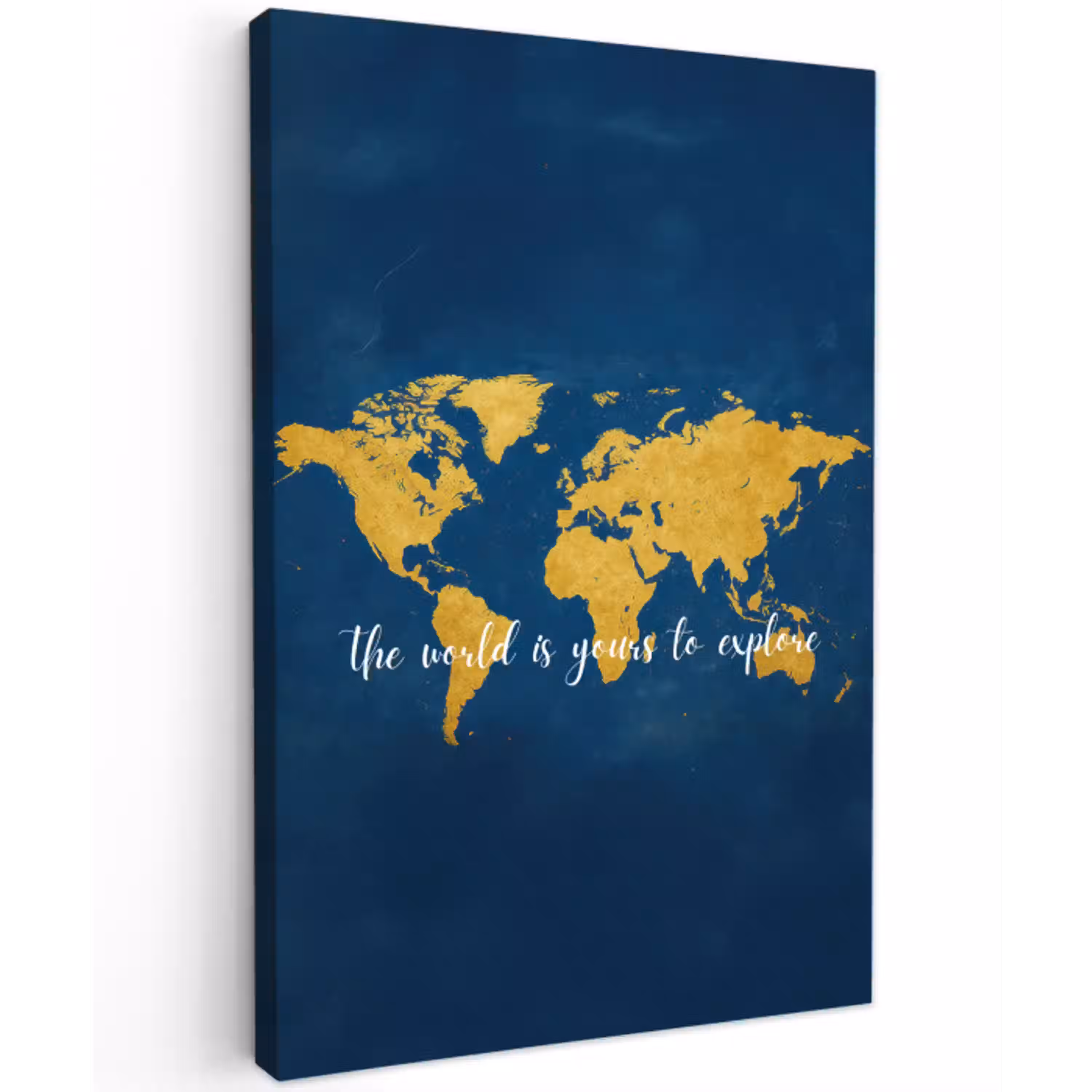 Blauw - Wereldkaart - Quote - Explore Tuinposter op houten frame 2 cm dik middel -3d