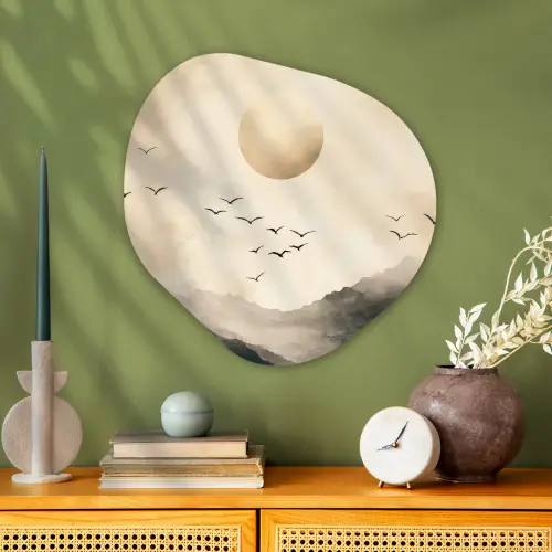 Landschap - Japandi - vogel Wandcirkel Organisch Plexiglas middel -sfeer2