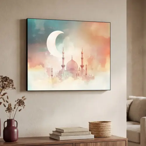 Moskee - Kleurrijke wolken - Arabisch - Ramadan - Islamitische Textielframe zwart klein -sfeer3