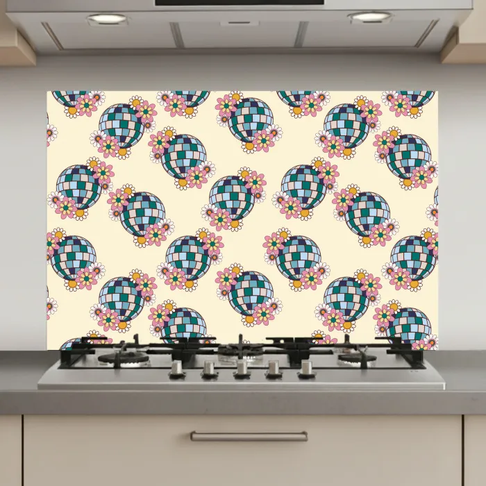 Retro - Disco - Bloemen - Discobal keuken achterwand spatscherm klein 900 -3d_website