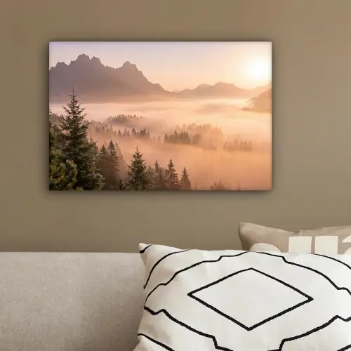 Zonlicht - Mist - Bergen - Bomen canvas 2cm klein -sfeer3
