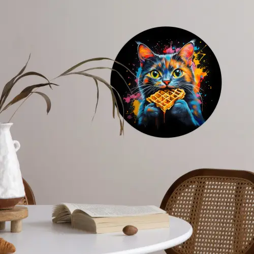 Kat - Graffiti - Kleurrijk - Wafel - Eten Wandcirkel behangsticker klein -sfeer3