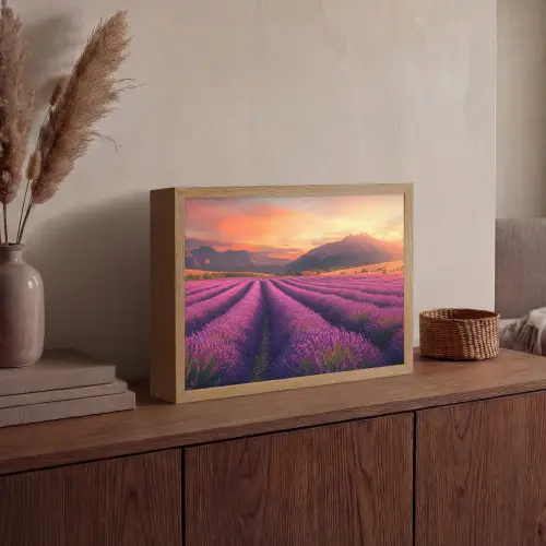 Lavendelveld - Zonsondergang - Paars Light Box met batterij (Wandlamp) middel -sfeer2