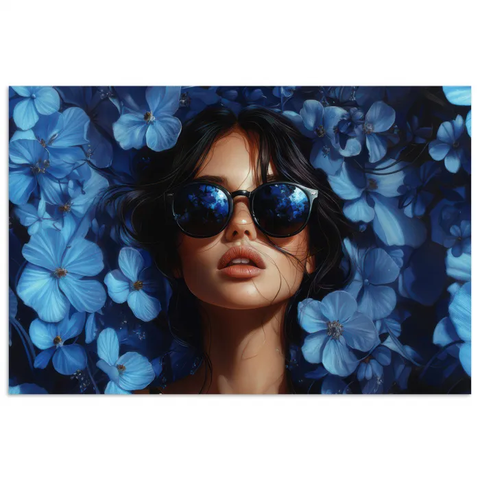Vrouw - Blauw - Bloemen - Vlinders - Natuur poster papier klein -3d