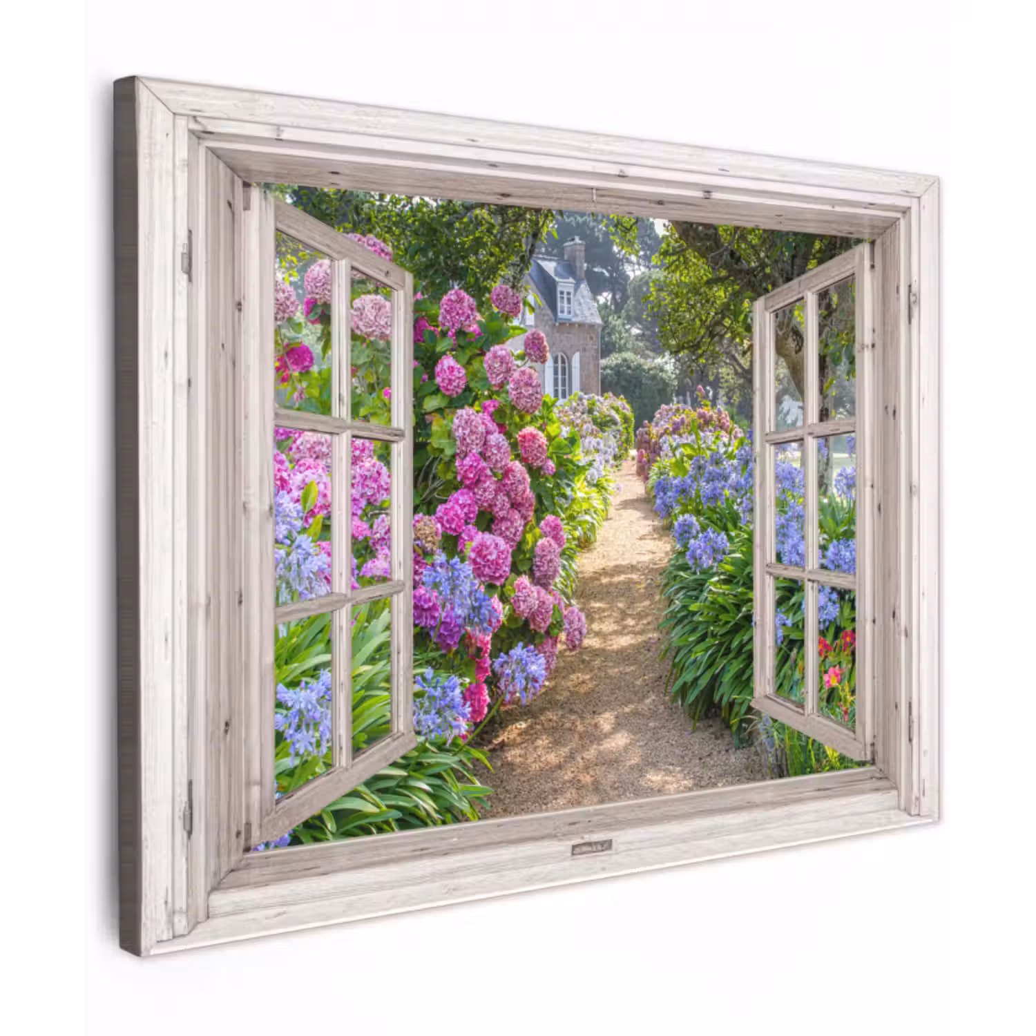 Canvas schilderij - Hortensia - Doorkijk - Bloemen - Zomer - Paars - Pad