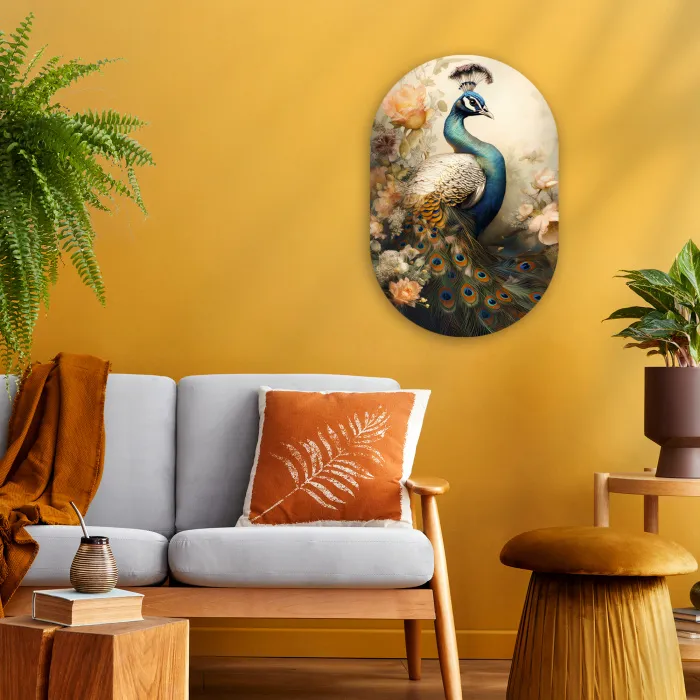 Pauw - Pauwenveren - Bloemen - Vogels - Botanisch Wandcirkel Ovaal Forex klein -sfeer4