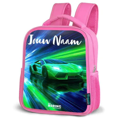 Sportauto - Groen - Snelheidslijnen - Neon Kinderrugzak - Roze middel -schuin