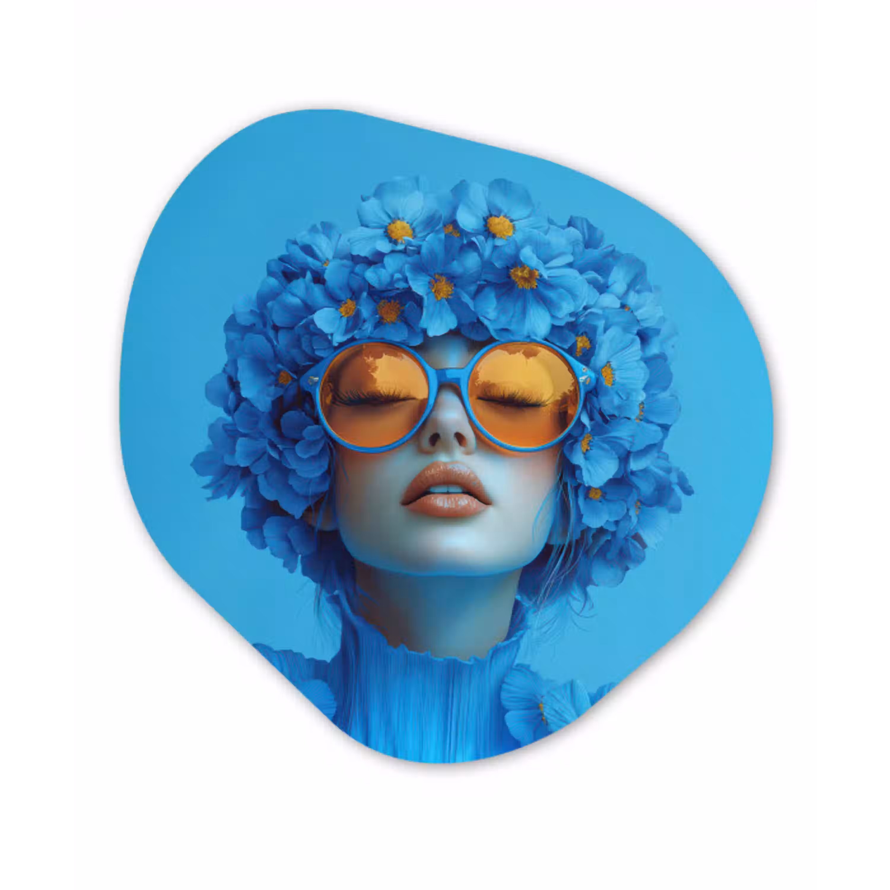 Vrouw - Bloem - Blauw - Modern - Bril - Portret Wandcirkel Organisch Forex 3mm klein -3d