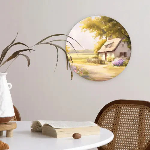 Huisje - Hout - Bloemen Wandcirkel kunststof plaat 5mm dik klein -sfeer4
