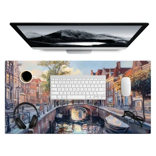 Brug - Stad - Huizen - Boot Muismat XXL klein -3d