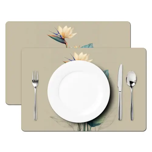 Paradijsvogelbloemen - Blauwgroene bladeren - Beige Placemat vinyl groot -zzsfeer2_Kitchenyeah-website