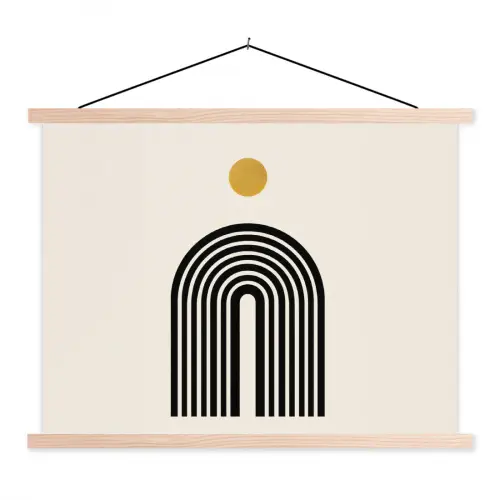Minimalistisch - Zwarte boog - Gouden cirkel textielposter latten blank klein -3d