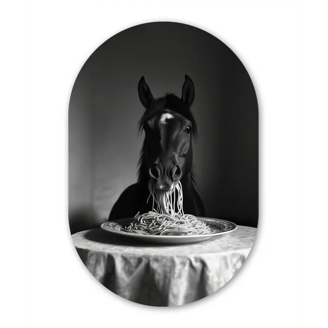Muurovaal aluminium - Paard - Bord - Pasta - Tafelkleed - Zwart Wit - Dieren