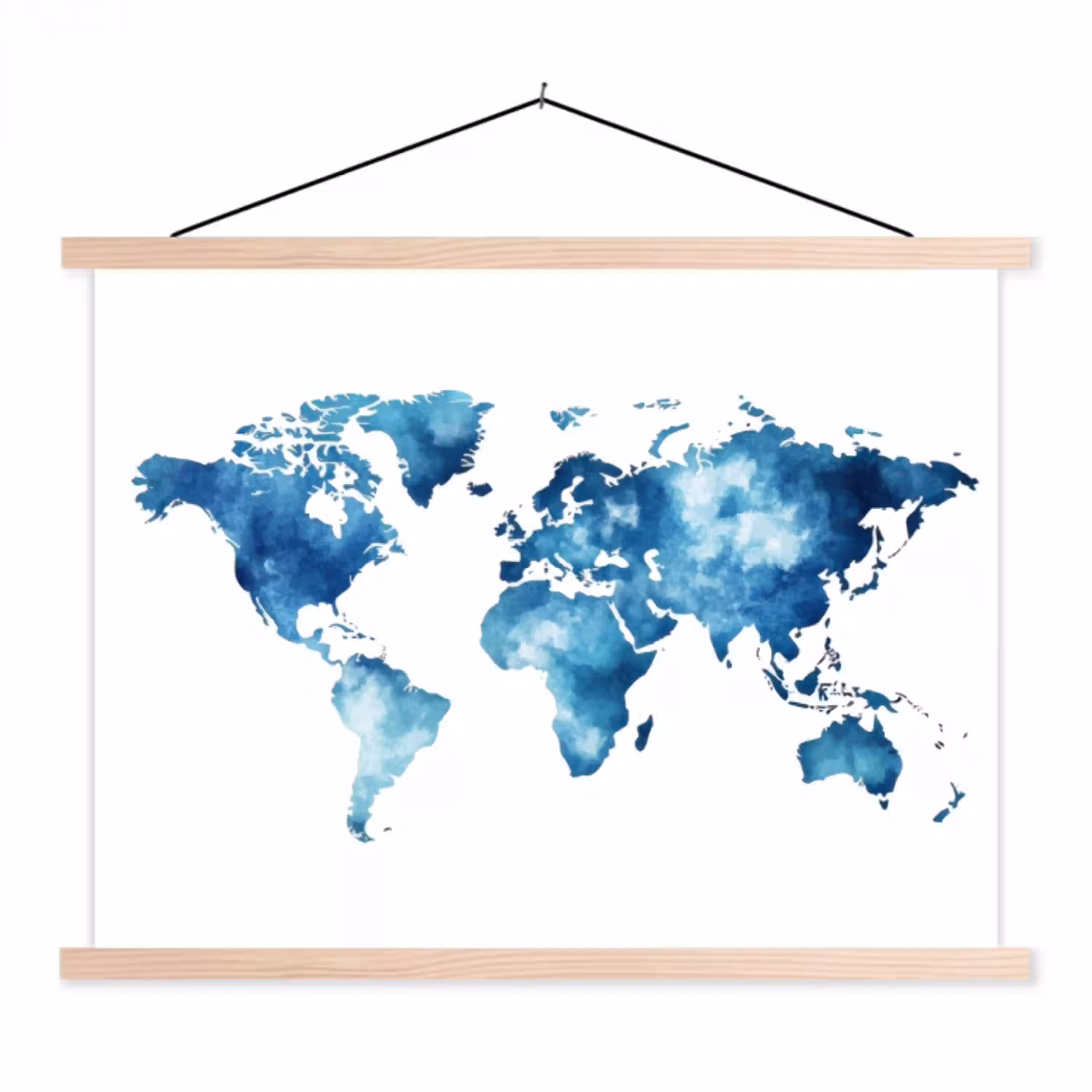 Wereldkaart - Inktwolken - Blauw textielposter latten blank klein -3d