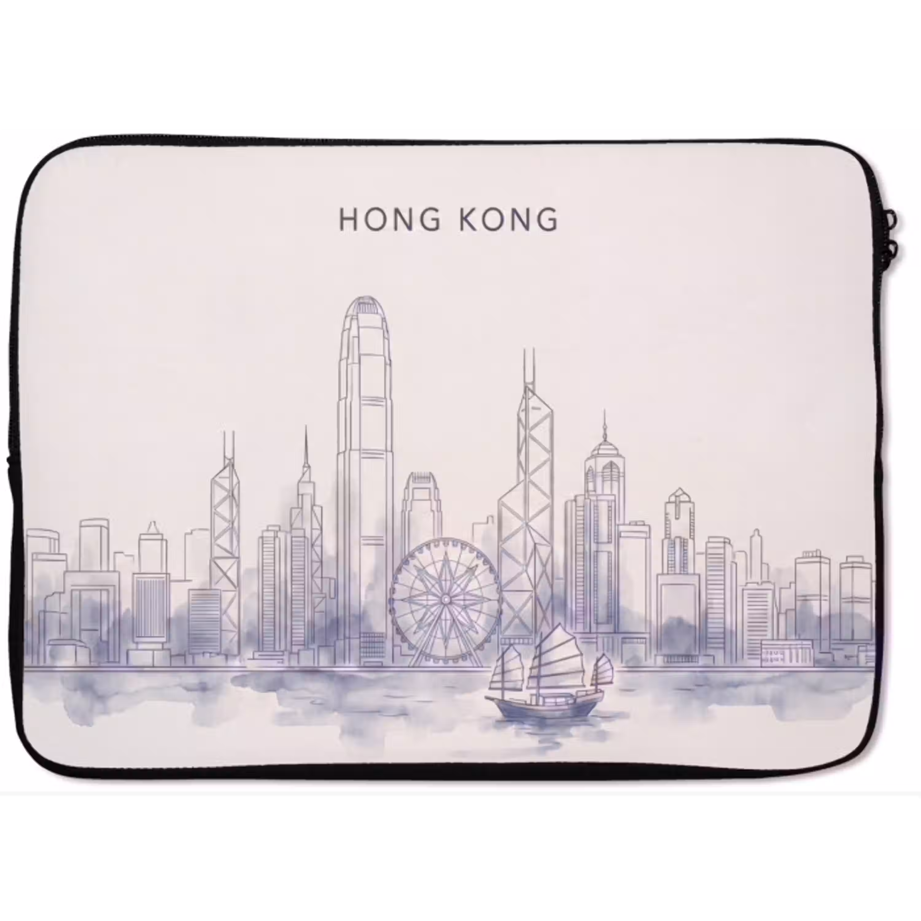 Stad - Skyline - Water - Lijntekening - Blauw laptophoes neopreen klein -zkaufland3dotto
