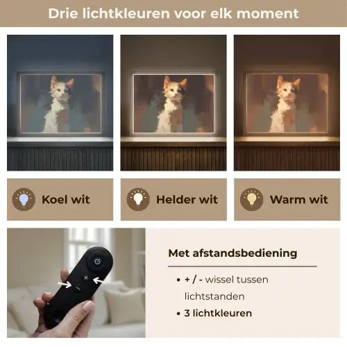 Kat - Geschilderd - Artistiek - Wit Light Box met batterij (Wandlamp) middel -USP_lichtkleurNL