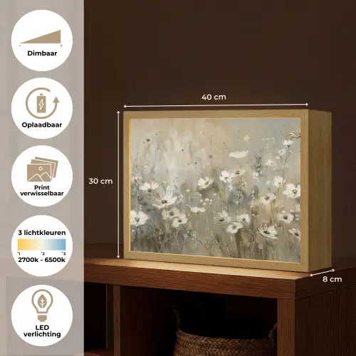 Bloemen - Wit - Natuur - Grijs - Modern Light Box met batterij (Wandlamp) middel -USP_websiteoverzichtNL