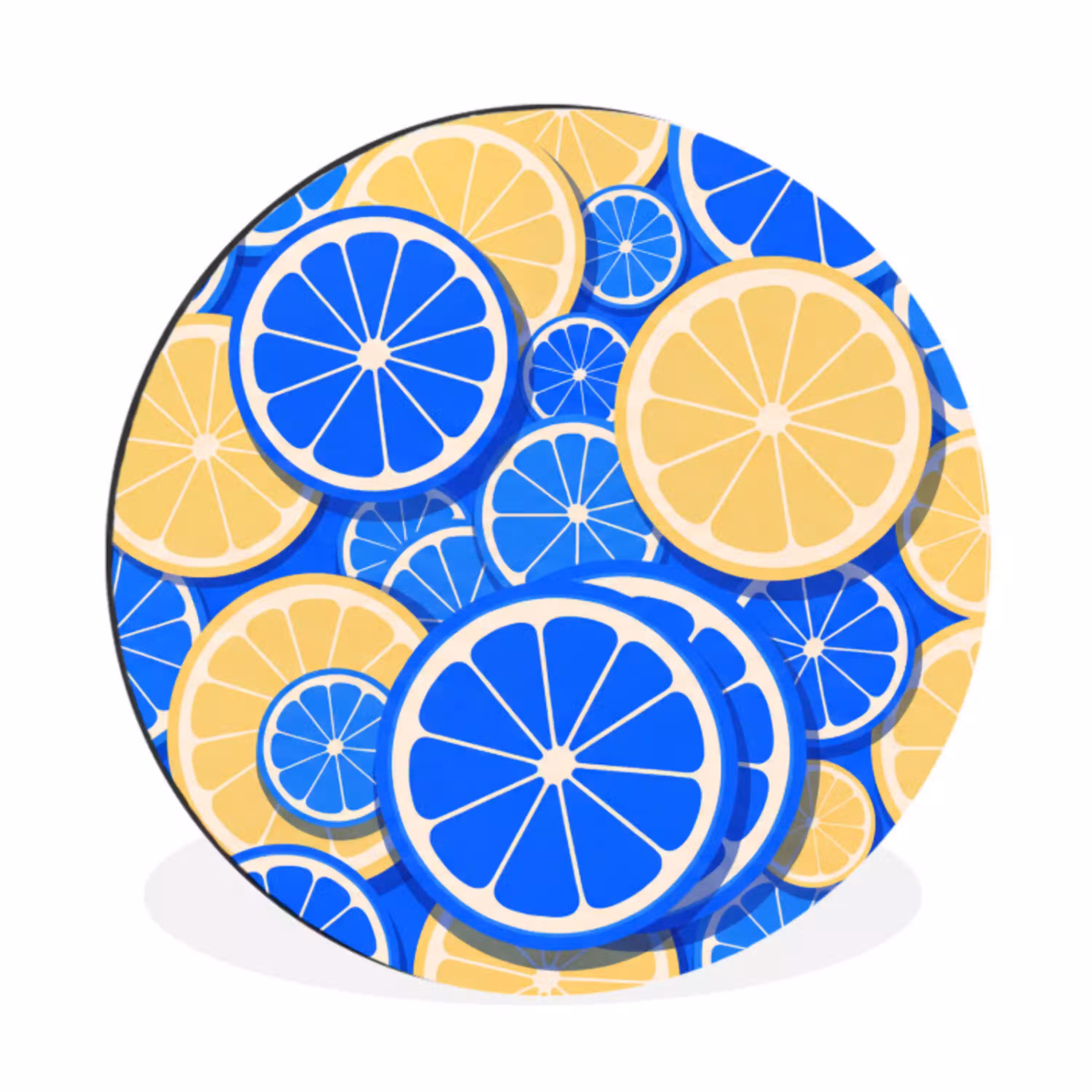 Fruit - Schijven - Patroon - Modern - Blauw - Geel Wandcirkel aluminium klein -3d