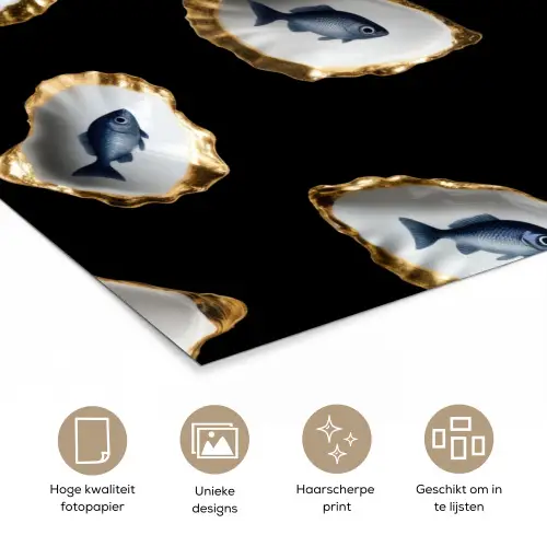 Oesters - Vissen - Blauw - Goud poster papier klein -closeup_NL