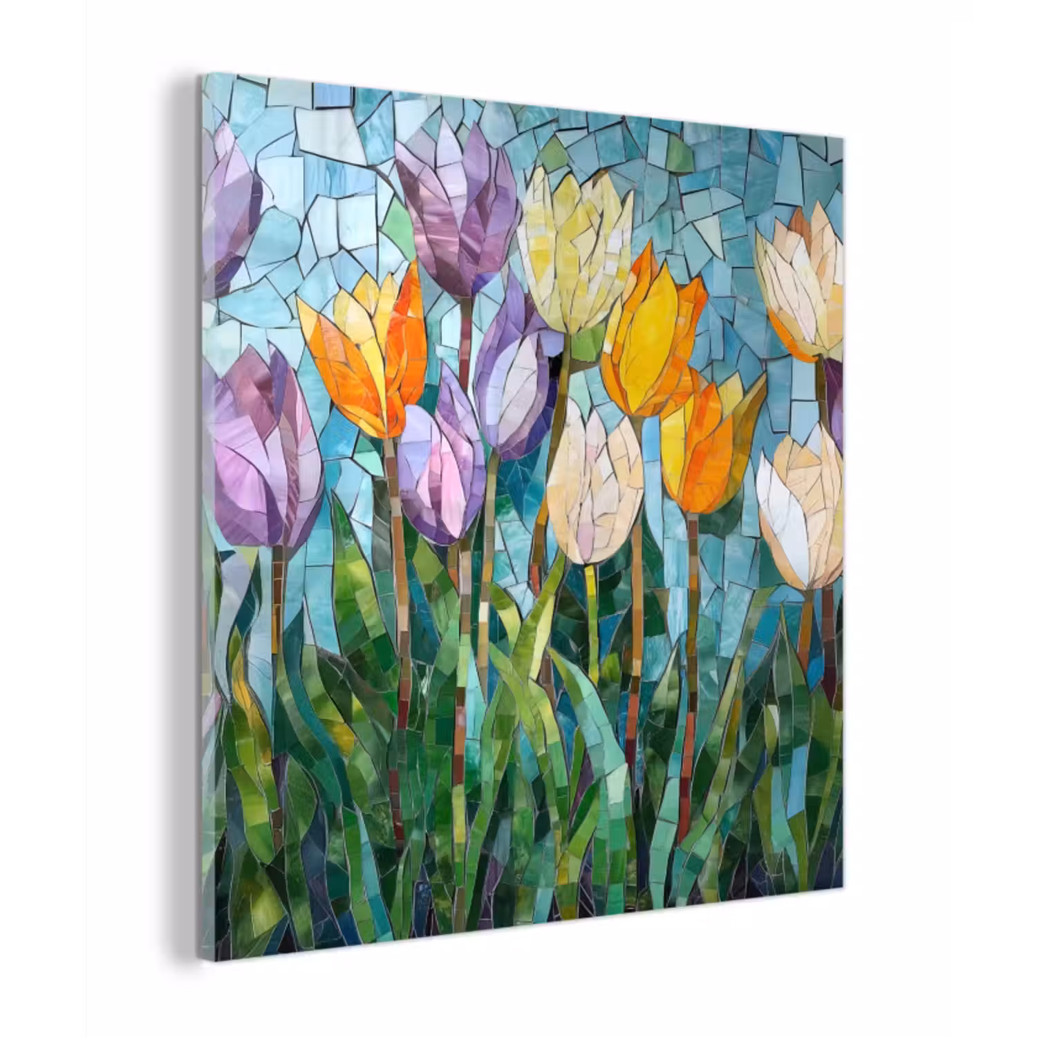 Glas schilderij - Mozaïek - Veld - Tulpen - Kleurrijk