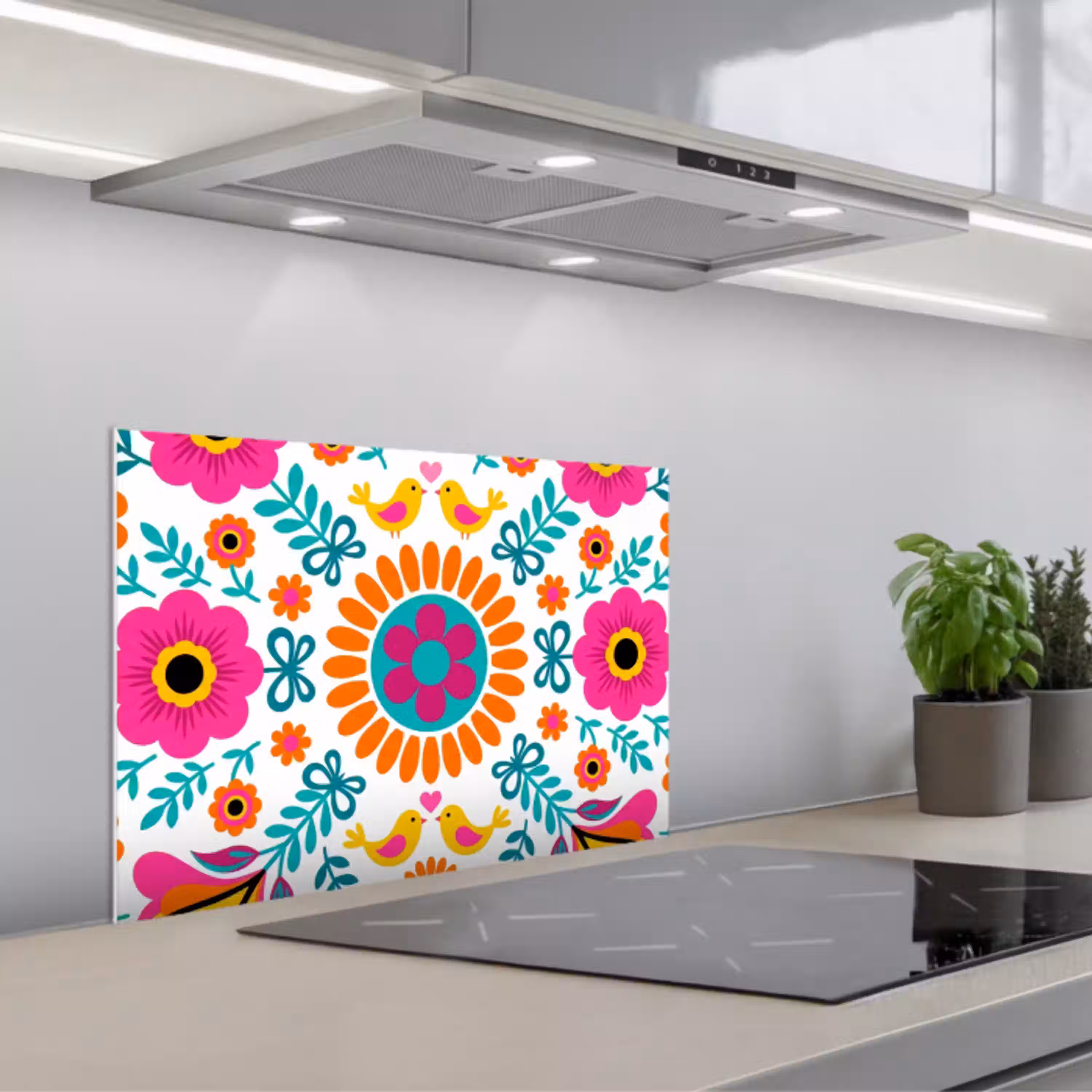 Bloemen - Vogel - Patroon - Kleurrijk - Modern keuken achterwand spatscherm klein -3d_schuin