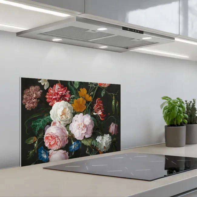 Stilleven met bloemen in een glazen vaas - Schilderij van Jan Davidsz. de Heem keuken achterwand spatscherm klein -3d_schuin