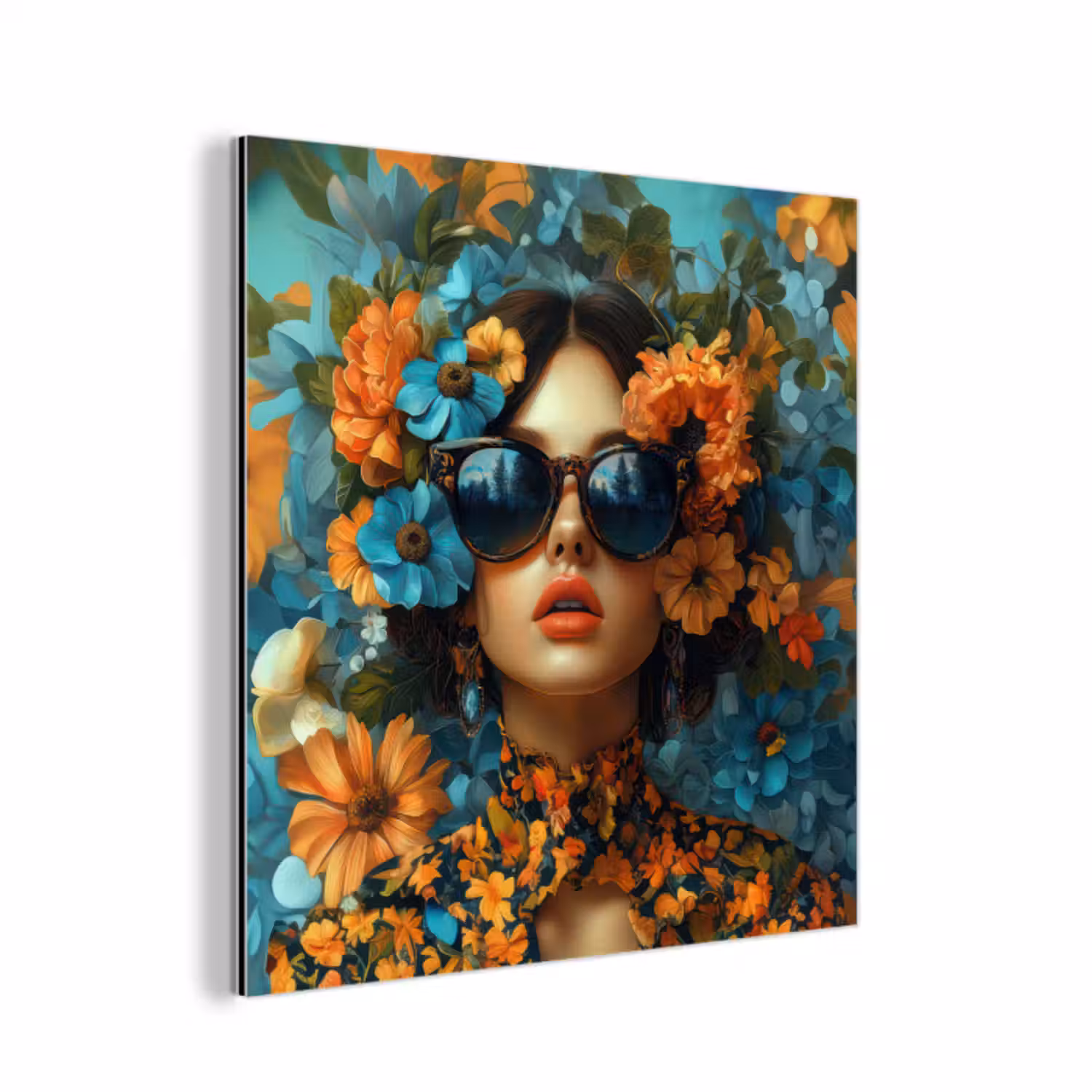 Aluminium schilderij - Vrouw - Bloemen - Oranje - Blauw - Modern