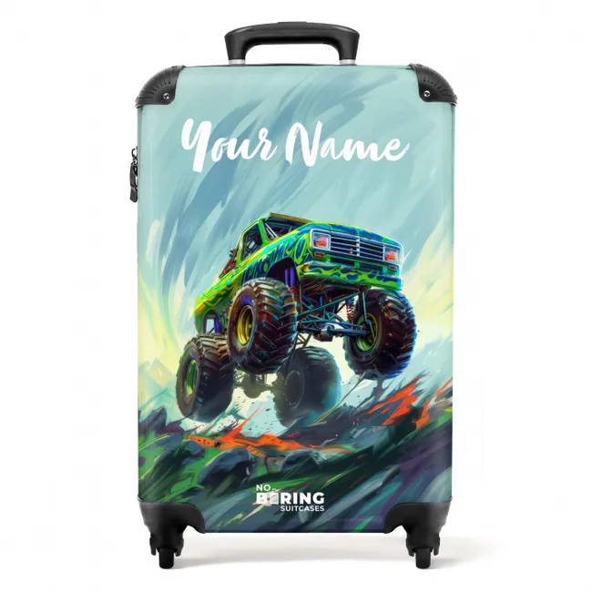Suitcase with name - Green Monster Truck with Brushstrokes