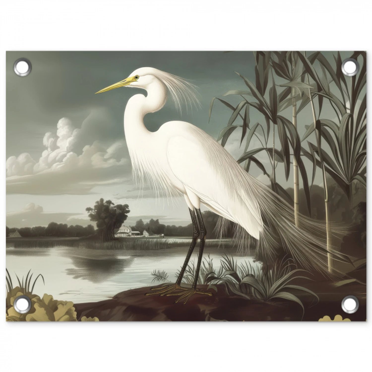 Reiger - Planten - Wolken - Wit tuinposter los doek klein -3d